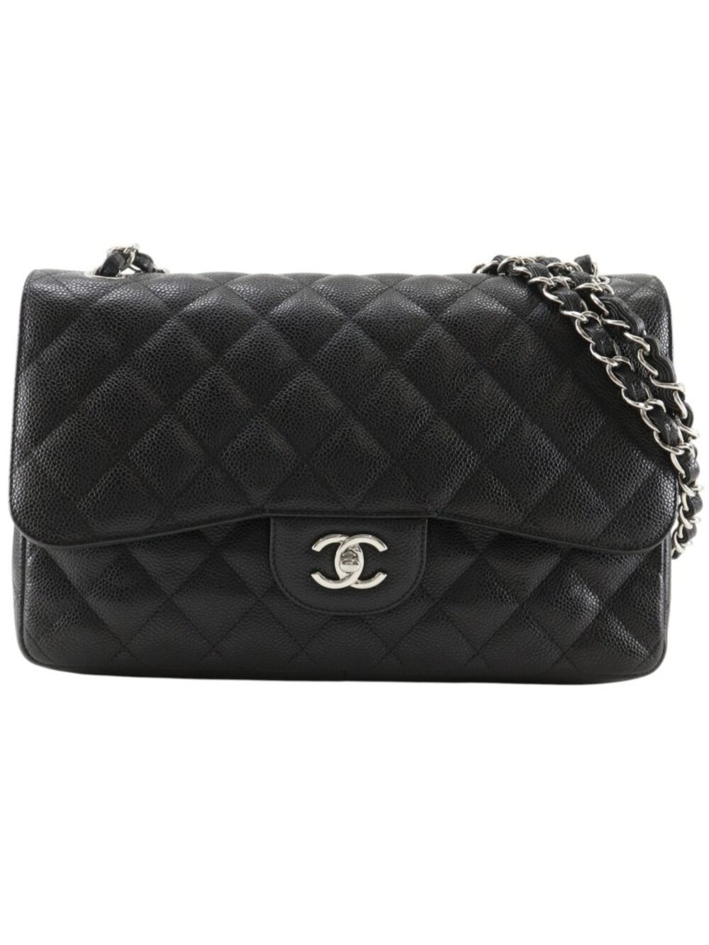 Chanel Double Flap Chain Shoulder Bag Quilted Classic Caviar Leather Black